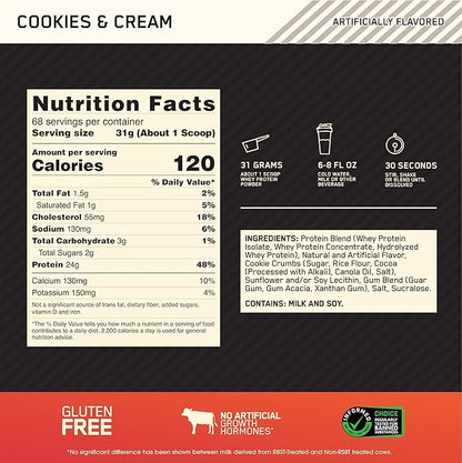 Optimum Nutrition Gold Standard 100% Whey Protein Powder, Cookies & Cream, 5 Pound (Packaging May Vary)