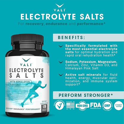 VALI Electrolyte Salts Rapid Oral Rehydration Replacement Pills. Hydration Nutrition Powder Supplement, Recovery & Relief Fast. Fluid Health Essentials. Keto Salt Mineral Tablets. 120 Veggie Capsules