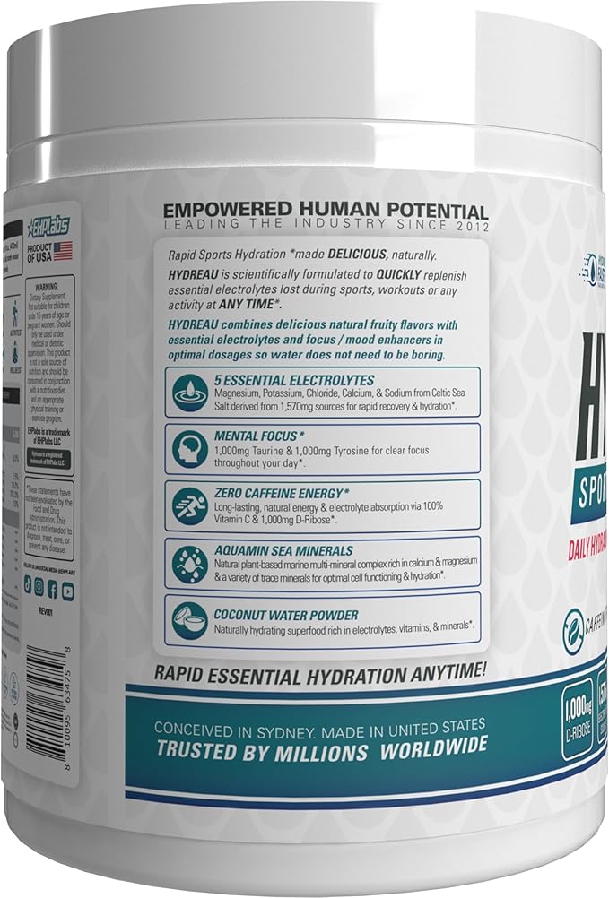 EHP Labs Hydreau Electrolytes Powder No Sugar - Hydration Powder for Endurance & Energy - Electrolyte Powder for Men & Women - Sugar Free Electrolytes - Kiwi Strawberry (40 Serves)