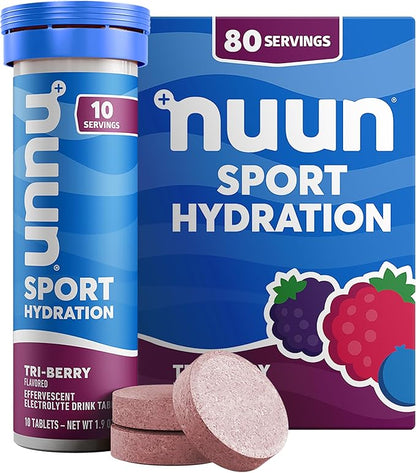 Nuun Sport Electrolyte Tablets - Dissolvable in Water, Tri Berry, 5 Essential Electrolytes for Hydration, 1g Sugar Drink Mix, Vegan, Non-GMO, 8 Pack (80 Total Servings)