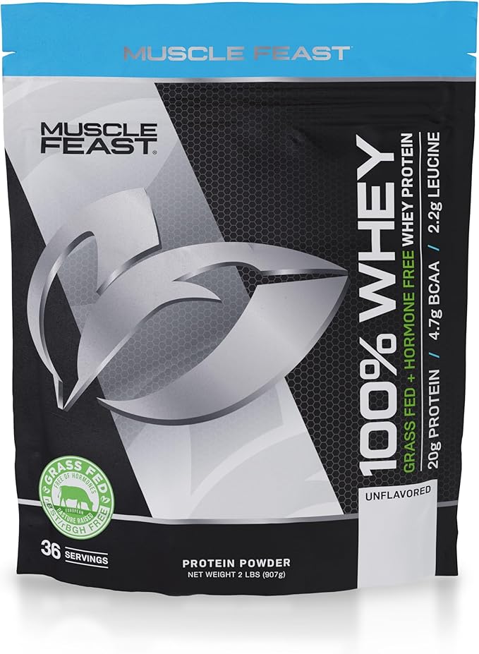 Muscle Feast 100% Grass-Fed Whey Protein, Pastured Raised Hormone Free All Natural, Unflavored, 2lb