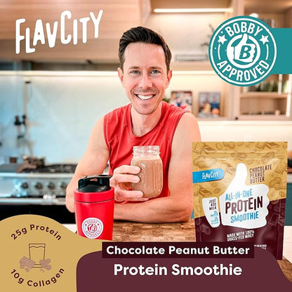 FlavCity Protein Powder Smoothie, Chocolate Peanut Butter - 100% Grass-Fed Whey Protein Smoothie with Collagen (25g of Protein) - Gluten Free & No Added Sugars (37.74 oz)