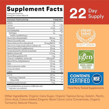 SmartyPants Kids Multivitamin Gummies: Omega 3 Fish Oil (EPA/DHA), Vitamin D3, C, Vitamin B12, B6, Vitamin A, K & Zinc for Immune Support, Gluten Free, Three Fruit Flavors, 90 Count (22 Day Supply)