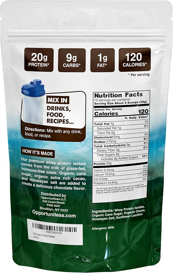 Opportuniteas Grass Fed Chocolate Whey Protein Isolate Powder - 20g Protein Powder Without Artificial Sweeteners, Hormone-Free Happy Cows, Non GMO - 1lb