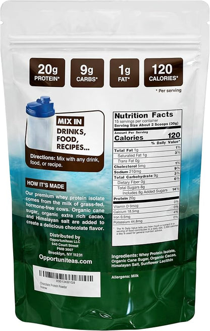 Opportuniteas Grass Fed Chocolate Whey Protein Isolate Powder - 20g Protein Powder Without Artificial Sweeteners, Hormone-Free Happy Cows, Non GMO - 1lb