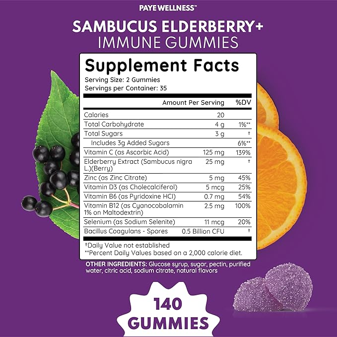 Elderberry Gummies Immune Support, Daily Support for Kids and Adults*, with Sambucus Elderberry, Zinc, Vitamin C, D3, B6, B12, Plus - Dietary Supplement - 140 Count