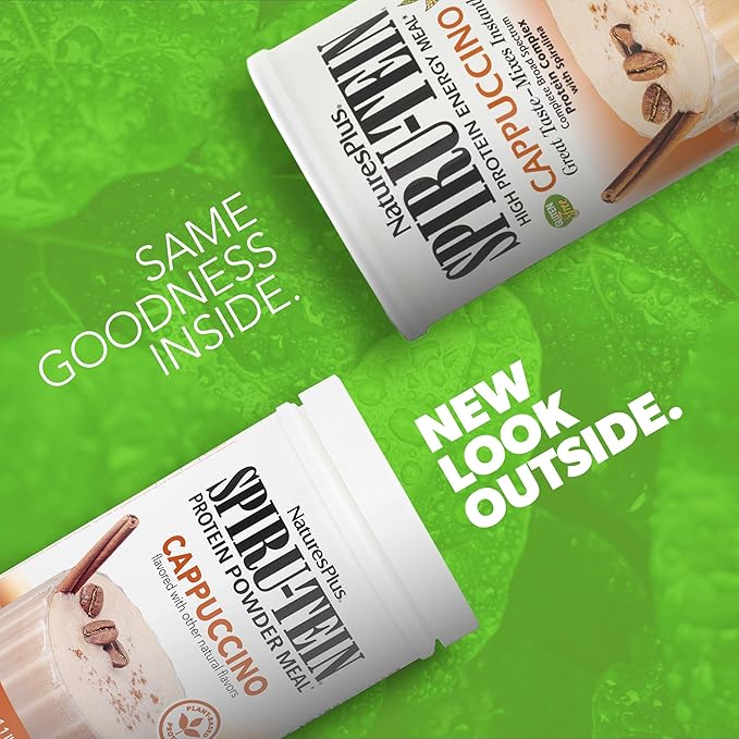 NaturesPlus SPIRU-TEIN Shake - Cappuccino Flavor - 1.1 lbs, Spirulina Protein Powder - Plant Based Meal Replacement, Vitamins & Minerals For Energy - Vegetarian, Gluten-Free - 16 Servings