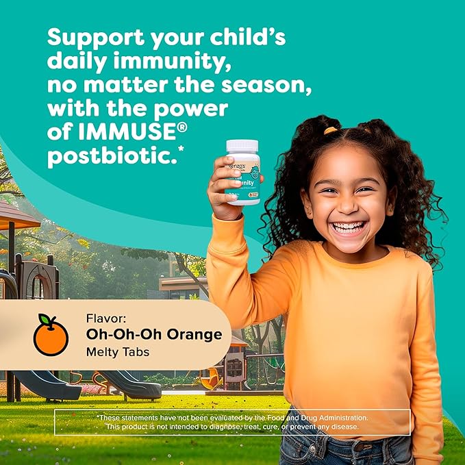 Renzo's Roll Call Immunity, Daily Postbiotic – Dissolvable Kids Immune Support Supplement - Sugar-Free Kids Vitamins, 30 Orange-Flavored Melty Tabs