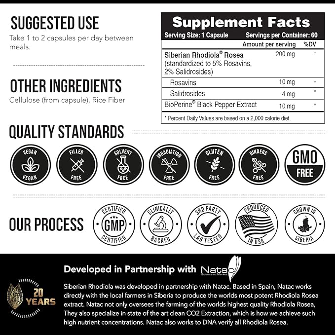 Siberian Rhodiola® Max Strength Rhodiola Rosea - 5% Rosavins, 2% Salidroside - BioPerine® Absorption Enhancement, Grown in Siberia, DNA Verified - Reduce Stress, Enhance Energy & Cognition*(60 Count)