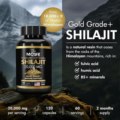 Organic Shilajit with Fulvic Acid, Humic Acid, 85+ Minerals- Gold Grade Plus - Same as Resin - Energy, Stamina, Brain Support - 20,000mg, 120 Capsules - Made in The USA