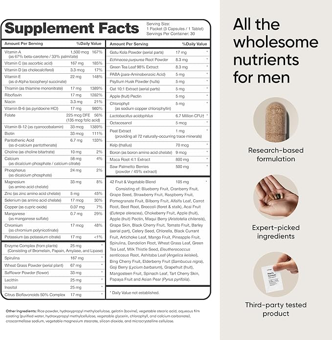Multivitamin for Men, Full-Spectrum Supplement with Zinc, Vitamin D, C, B12, Maca, Biotin, Saw Palmetto – 82 Wholesome Nutrients for Men's Health Support, Energy, Healthy Hair, 30 Day Supply