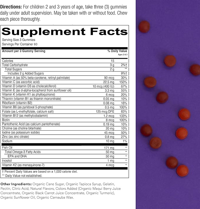 SmartyPants Toddler Multivitamin Gummies: Omega 3 Fish Oil (EPA/DHA), Vitamin D3, C, Vitamin B12, B6, Vitamin A, K & Zinc, Beta Carotene, Gluten Free, Three Fruit Flavors, 180 Count (60 Day Supply)