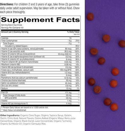 SmartyPants Toddler Multivitamin Gummies: Omega 3 Fish Oil (EPA/DHA), Vitamin D3, C, Vitamin B12, B6, Vitamin A, K & Zinc, Beta Carotene, Gluten Free, Three Fruit Flavors, 180 Count (60 Day Supply)