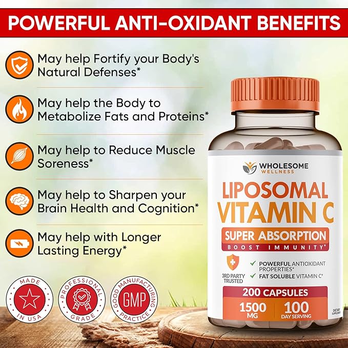 Liposomal Vitamin C Capsules (200 Pills 1500mg Buffered) High Absorption VIT C, Immune System & Collagen Booster, High Dose Fat Soluble Immunity Support Ascorbic Acid Supplement, Natural Vegan