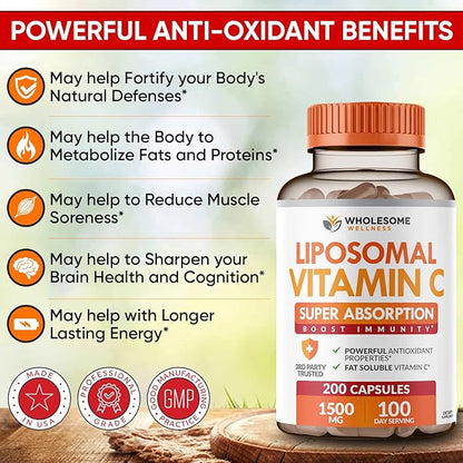 Liposomal Vitamin C Capsules (200 Pills 1500mg Buffered) High Absorption VIT C, Immune System & Collagen Booster, High Dose Fat Soluble Immunity Support Ascorbic Acid Supplement, Natural Vegan
