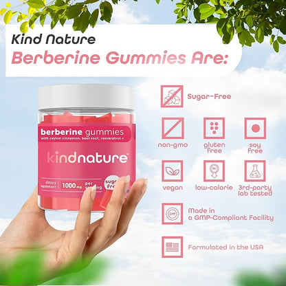 Kind Nature 1000mg Berberine Gummies - Sugar Free Natural Berberine Supplement Gummies with Ceylon Cinnamon & Beet Root - Non GMO, 3rd Party Tested Berberine Complex