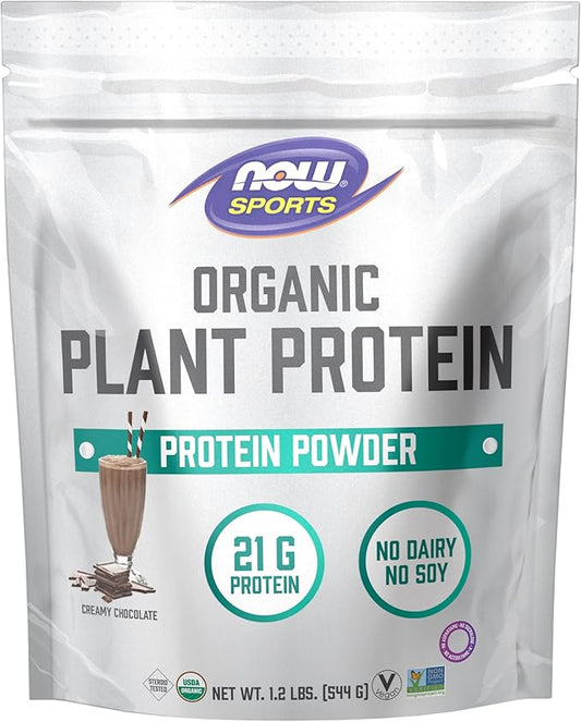 NOW Foods Sports Organic Plant Protein, Chocolate Flavor, Vegan Powder, 1 lb.