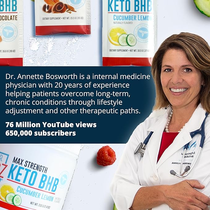 Dr. Boz - Keto BHB Powder - Cucumber Lemon, 20 Packets - Ketones Drink - Increase Energy & Reduce Cravings - Max Strength Dietary Supplement - Quality Tested - Made in The USA - 10.9oz (310g)