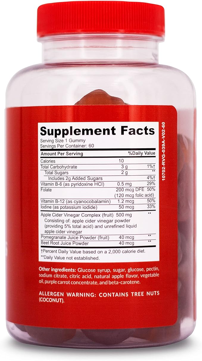 Apple Cider Vinegar Gummy Vitamins with The Mother, 1 Pack, 60 Count :: Metabolism Management, Immunity, Detox :: Vegan, Gluten-Free, Vitamin B6, B12, Pomegranate, Beet Root