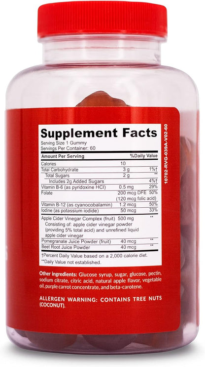 Apple Cider Vinegar Gummy Vitamins with The Mother, 1 Pack, 60 Count :: Metabolism Management, Immunity, Detox :: Vegan, Gluten-Free, Vitamin B6, B12, Pomegranate, Beet Root