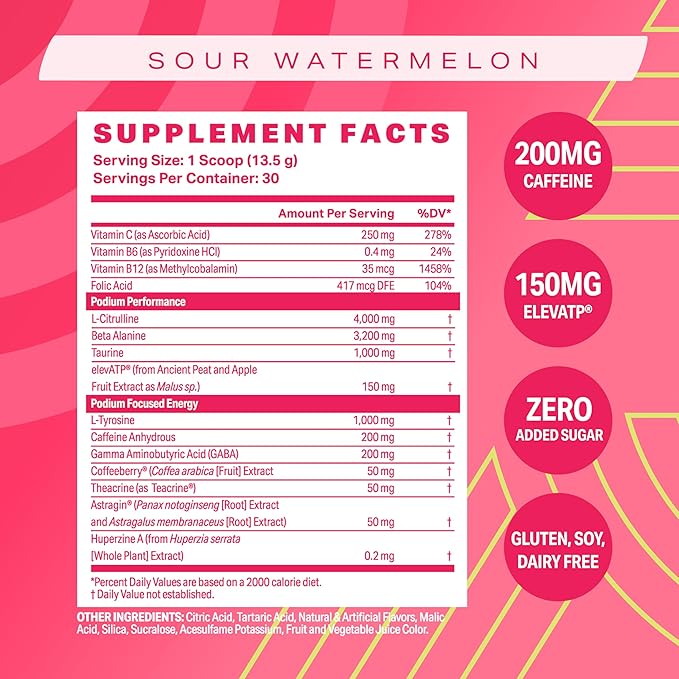 Podium Nutrition, Fuse Pre Workout Powder, Sour Watermelon, 30 Servings, Beta Alanine and Caffeine for Energy, Gluten Free, Soy Free, Dairy Free
