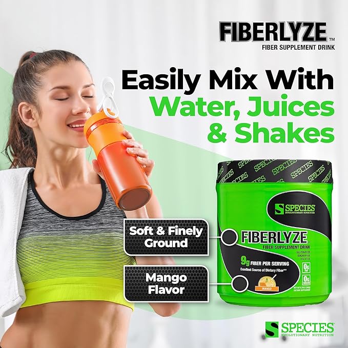 Species Nutrition Fiberlyze Fiber Supplement, Psyllium Based Soluble & Insoluble Fiber Powder for Healthy Colon, Digestive Functions (Mango, 30 Servings)