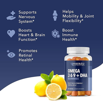 Omega 3 Gummies for Adults Boosted with Omega 6 and Omega 9 - DHA + EPA Plant-Based Fish Oil Alternative - Support Brain & Immune System Function - Orange & Lemon Flavor - 60 Omega Gummies for Adults