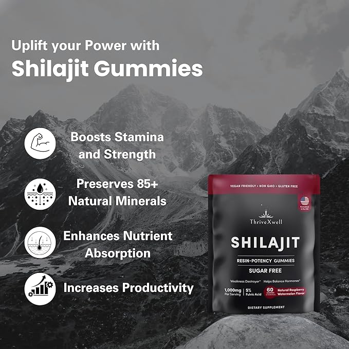 Pure Himalayan Shilajit Resin Potency Gummies Supplement for Men & Women | 1000mg Sugar Free 85+ Trace Minerals | Immumity, Energy, Vitality & Brain | Natural Raspberry Flavor (60 Count)