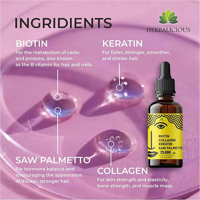 Liquid Biotin Collagen Keratin 4fl oz Liquid Supplements for Women - Comprehensive Formula Hair Skin Nails Supplement with 10000mcg Collagen 5000 mcg Biotin 5000 mcg Keratin 5000 mcg Saw Palmetto
