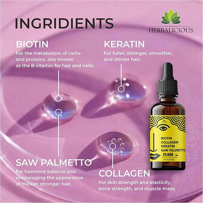 Liquid Biotin Collagen Keratin 4fl oz Liquid Supplements for Women - Comprehensive Formula Hair Skin Nails Supplement with 10000mcg Collagen 5000 mcg Biotin 5000 mcg Keratin 5000 mcg Saw Palmetto