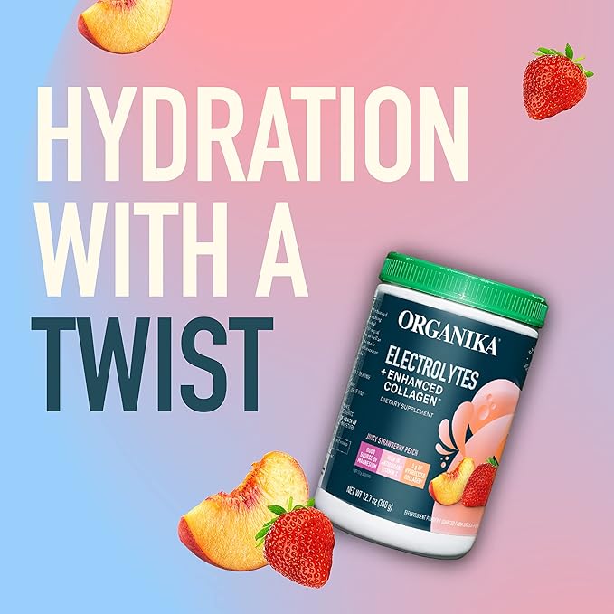 Organika Electrolytes + Enhanced Collagen- Strawberry Peach Flavor- Sugar-Free Hydration + Protein 360 Gram - 30 Servings
