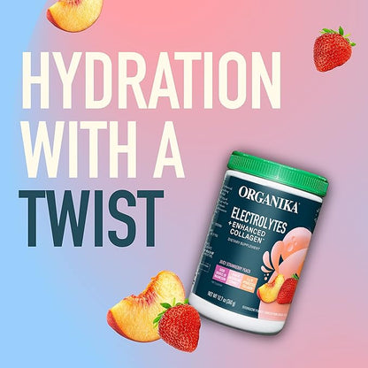 Organika Electrolytes + Enhanced Collagen- Strawberry Peach Flavor- Sugar-Free Hydration + Protein 360 Gram - 30 Servings