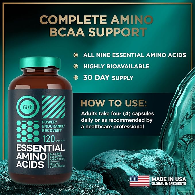 Essential Amino Acids Supplement - 3,000mg Amino Complex + All 9 Best Amino Acids for Muscle Growth, Power and Recovery - Leucine Amino Acid, Lysine, Isoleucine, Tryptophan - 120 Vegan, BCAA Capsules