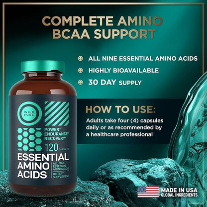Essential Amino Acids Supplement For Women And Men - All 9 BCAAs Amino Acid Complex for Power and Recovery - EAA Perfect Amino Energy: Lysine, Tryptophan, Isoleucine - 2 Pack 240 Vegan BCAA Capsules