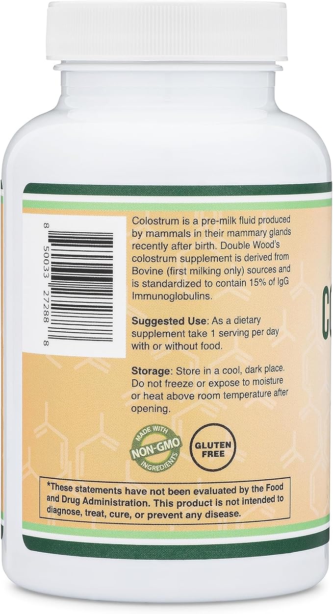 Colostrum Supplement 120 Capsules, 1,000mg per Serving (Bovine Colostrum Powder from First Milking Only, Std. to Contain 15% IgG Immunoglobulins) No Fillers, Third Party Tested by Double Wood