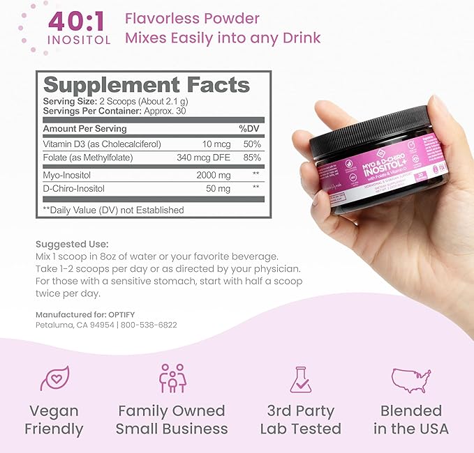 Premium Inositol Supplement - Myo-Inositol and D-Chiro Inositol Powder Plus Folate and Vitamin D - Ideal 40:1 Ratio - Hormone Balance & Healthy Ovarian Support for Women - Vitamin B8-30 Day Supply