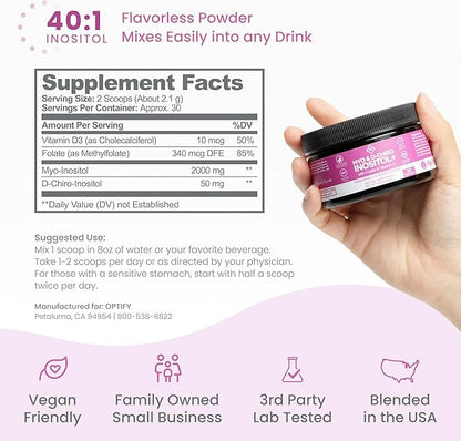 Premium Inositol Supplement - Myo-Inositol and D-Chiro Inositol Powder Plus Folate and Vitamin D - Ideal 40:1 Ratio - Hormone Balance & Healthy Ovarian Support for Women - Vitamin B8-30 Day Supply