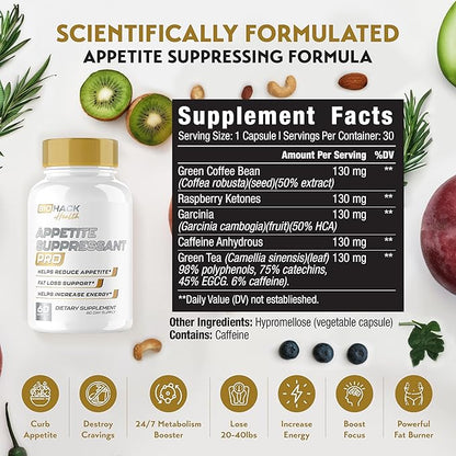 BioHack Health | Best Appetite Suppressant for Weight Loss Pills for Women & Men | Fat Burner Supplement, Metabolism Booster, Carb Blocker | Extra Strength Diet Pills That Work Fast - 60 Capsules