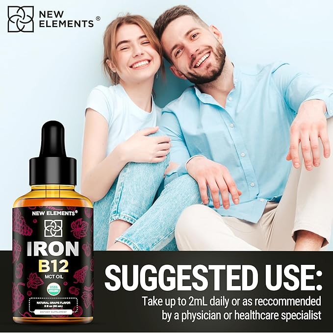 Liquid Iron Supplement for Women & Men with Vitamin B12 5000mcg - Free Blood Builder for Anemia - Liquid Vitamin B12 Drops for Adults with MCT Oil, Natural Grape Flavor, 2 Fl Oz