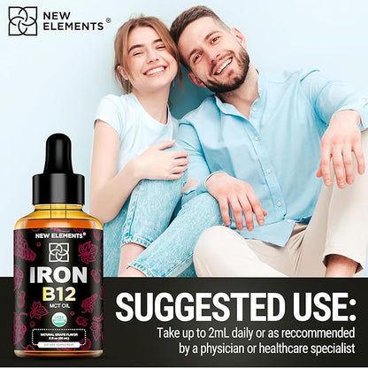 Liquid Iron Supplement for Women & Men with Vitamin B12 5000mcg - Free Blood Builder for Anemia - Liquid Vitamin B12 Drops for Adults with MCT Oil, Natural Grape Flavor, 2 Fl Oz