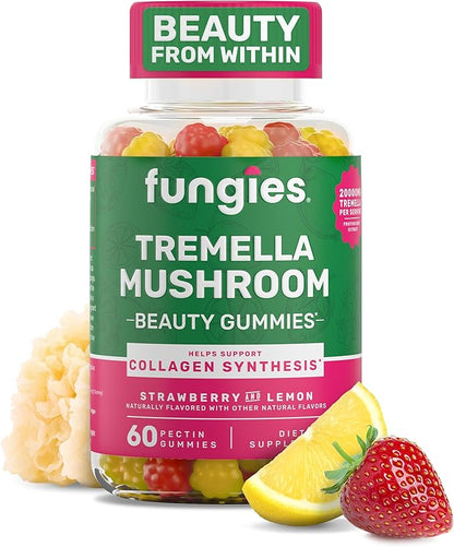 Fungies Tremella Mushroom Gummies, Mixed Strawberry & Lemon Flavor - Mushroom Herbal Supplement Gummy for Adults Supports Collagen Synthesis, Healthy Skin & Healthy Aging - Beauty Gummies 60 Servings