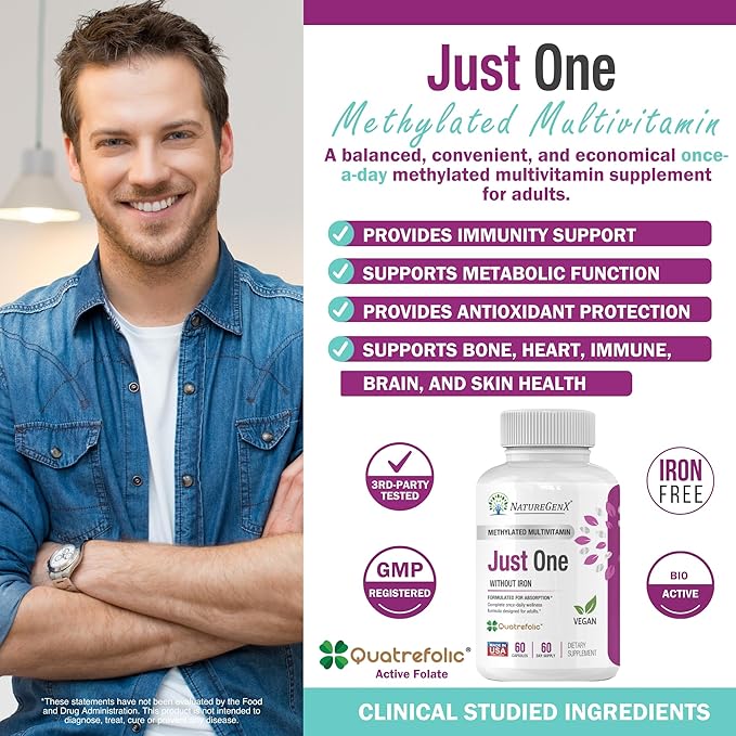 Just One Daily Methylated Multivitamin - 60 Caps Pure Methyl B12, Methylfolate MTHFR Support Supplement Iron Free Methylated Vitamins for Men & Women 2 Months Supply Gluten Free
