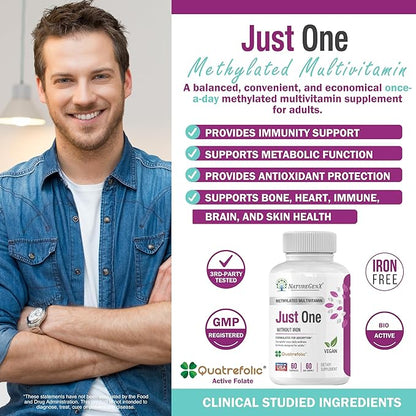 Just One Daily Methylated Multivitamin - 60 Caps Pure Methyl B12, Methylfolate MTHFR Support Supplement Iron Free Methylated Vitamins for Men & Women 2 Months Supply Gluten Free