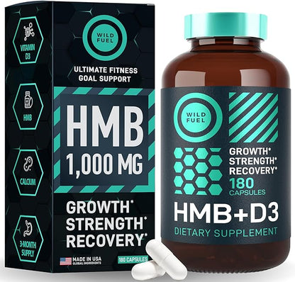 HMB Supplements for Men & Women with Vitamin D3 - 3-Months Supply, 1,000 MG Calcium beta-Hydroxy beta-methylbutyrate per Serving for Muscle Growth, Strenghth and Fast Workout Recovery - 180 Capsules