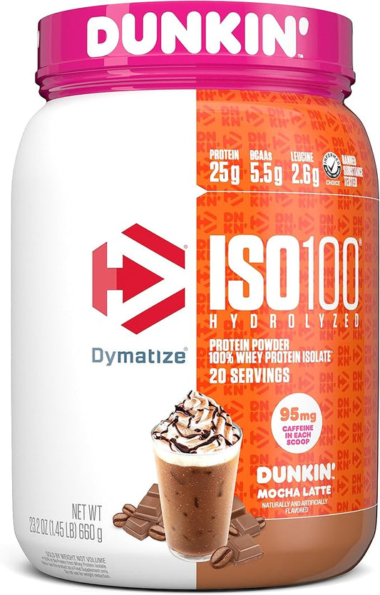 Dymatize ISO100 Hydrolyzed Protein Powder in Dunkin' Mocha Latte Flavor, 100% Whey Isolate Protein, 25g Protein, 95mg Caffeine, 5.5g BCAAs, Gluten Free, Fast Absorbing, Easy Digesting, 20 Servings