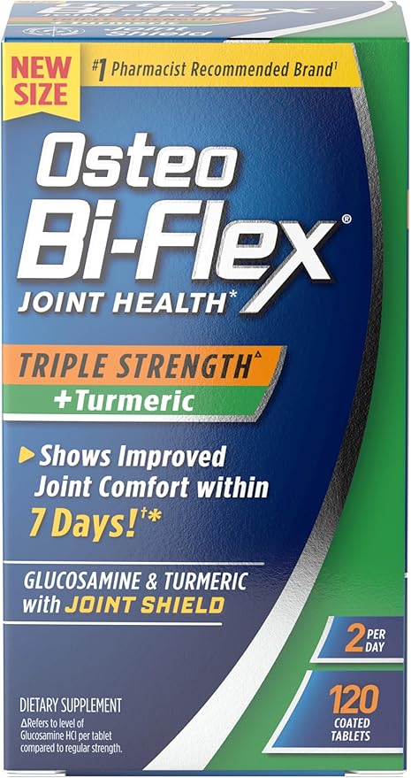 Osteo Bi-Flex Glucosamine Triple Strength Plus Turmeric Supplement with Curcumin for Joint Support and Range of Motion, 60 Day Supply, 120 Coated Tablets, Joint Health Nutritional Supplements
