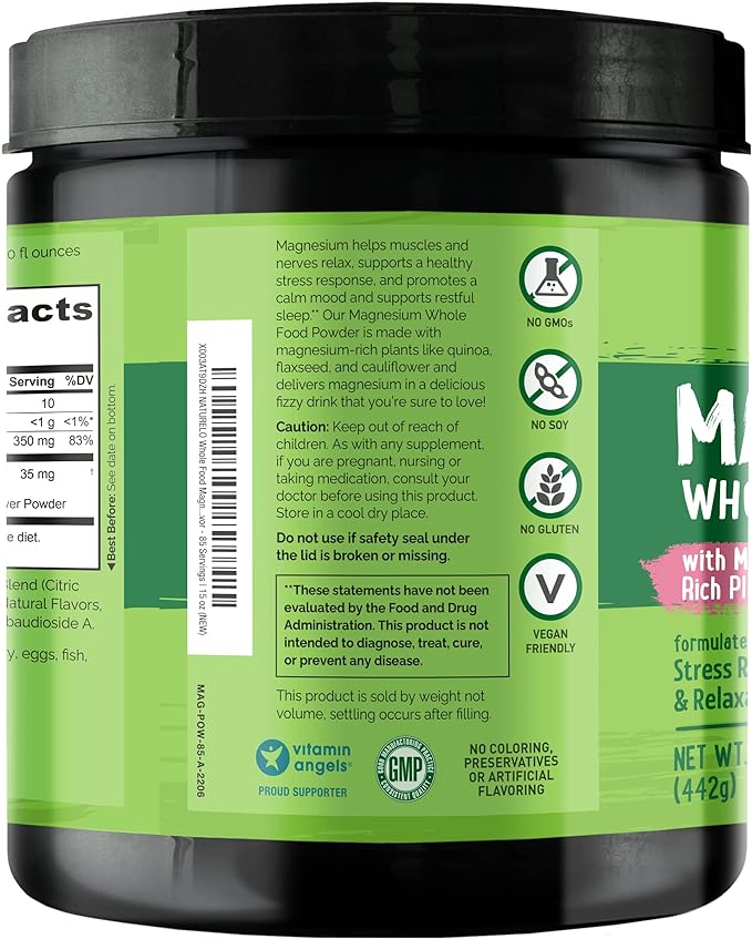 NATURELO Magnesium Powder - Whole Food Calm Magnesium Powder with Quinoa, Cauliflower, & Flaxseed for Stress Relief, Raspberry Lemon 85 Servings, 15oz