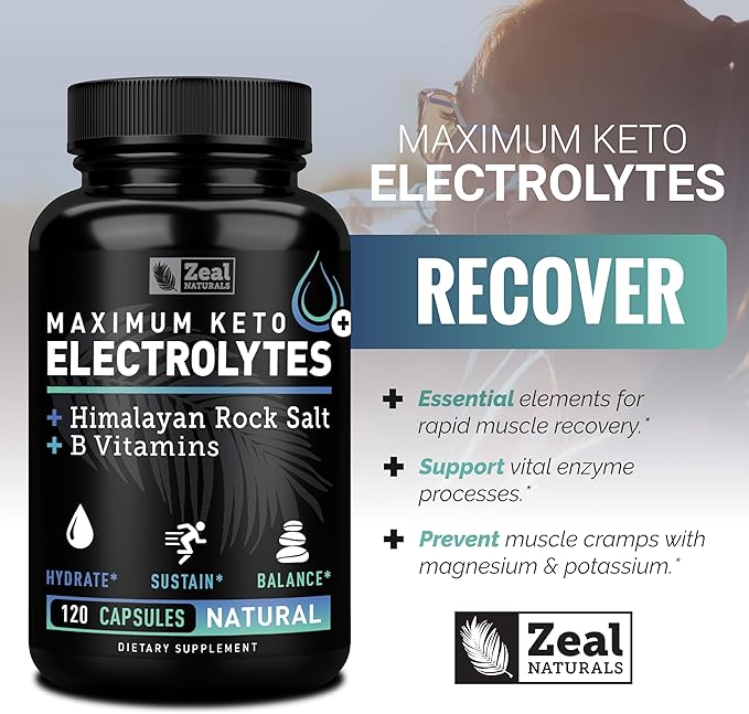 Keto Electrolyte Supplement (120 Capsules) Maximum Keto Electrolytes Supplements Pills w Pink Himalayan Salt, B Vitamins, Magnesium and Potassium Supplement - Salt Pills & Electrolyte Tablets