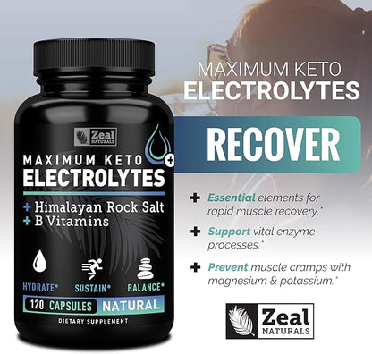 Keto Electrolyte Supplement (120 Capsules) Maximum Keto Electrolytes Supplements Pills w Pink Himalayan Salt, B Vitamins, Magnesium and Potassium Supplement - Salt Pills & Electrolyte Tablets