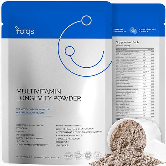 Multivitamin Longevity Powder for Healthy Aging - Whole Body Health and Immune Support - Digestive and Gut Health - Multivitamin for Women and Men 40+ - Mushroom Extracts, A,D3,E, B-Complex